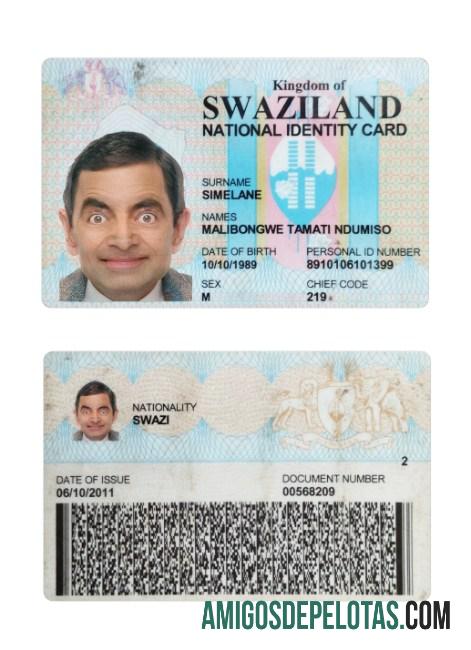 Amostra de carteira de identidade nacional da Suazilândia